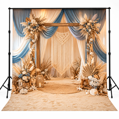 Luxury Boho Blue Drapes & Pampas Floral Photography Backdrop