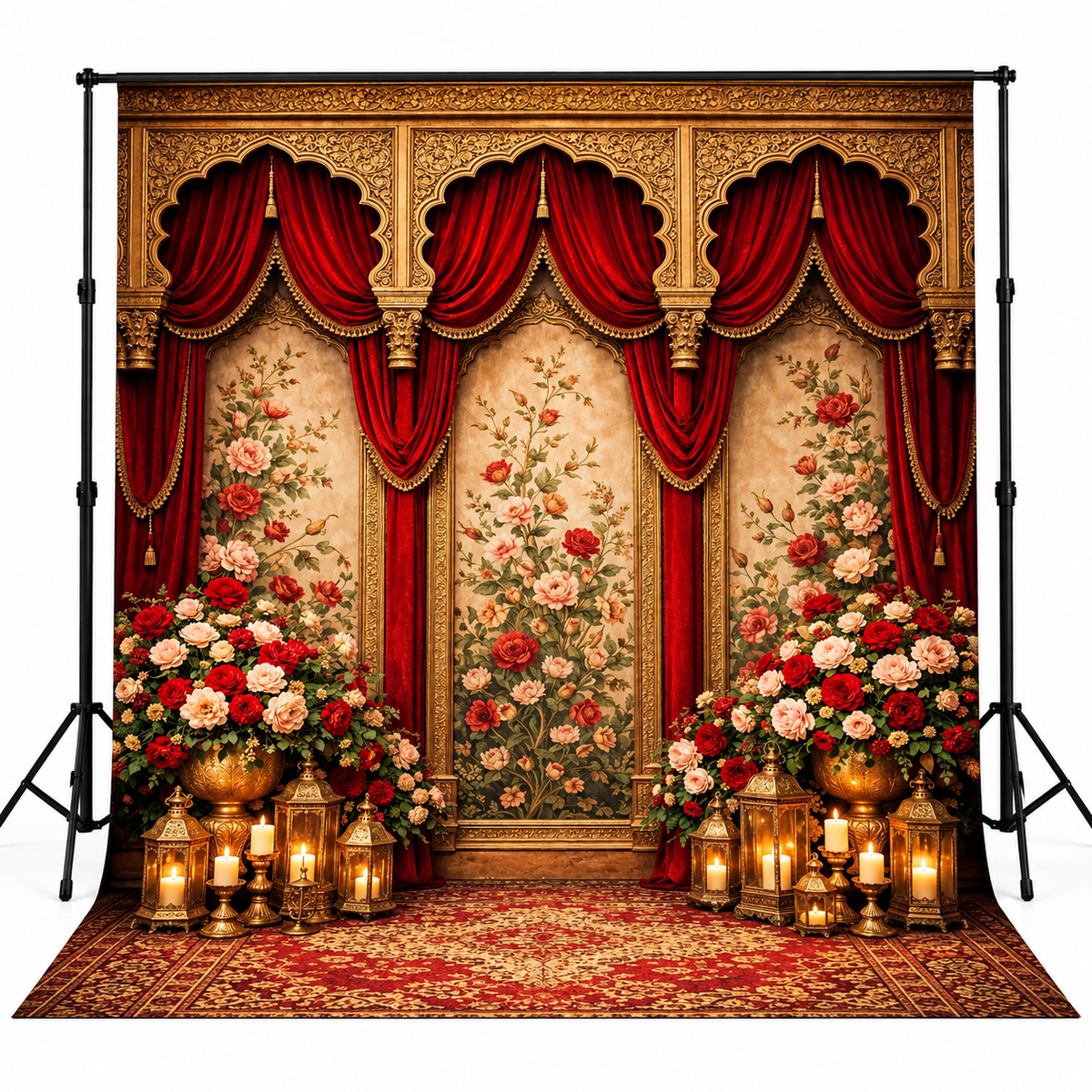 Royal Red Velvet Mughal Floral Palace Photography Backdrop