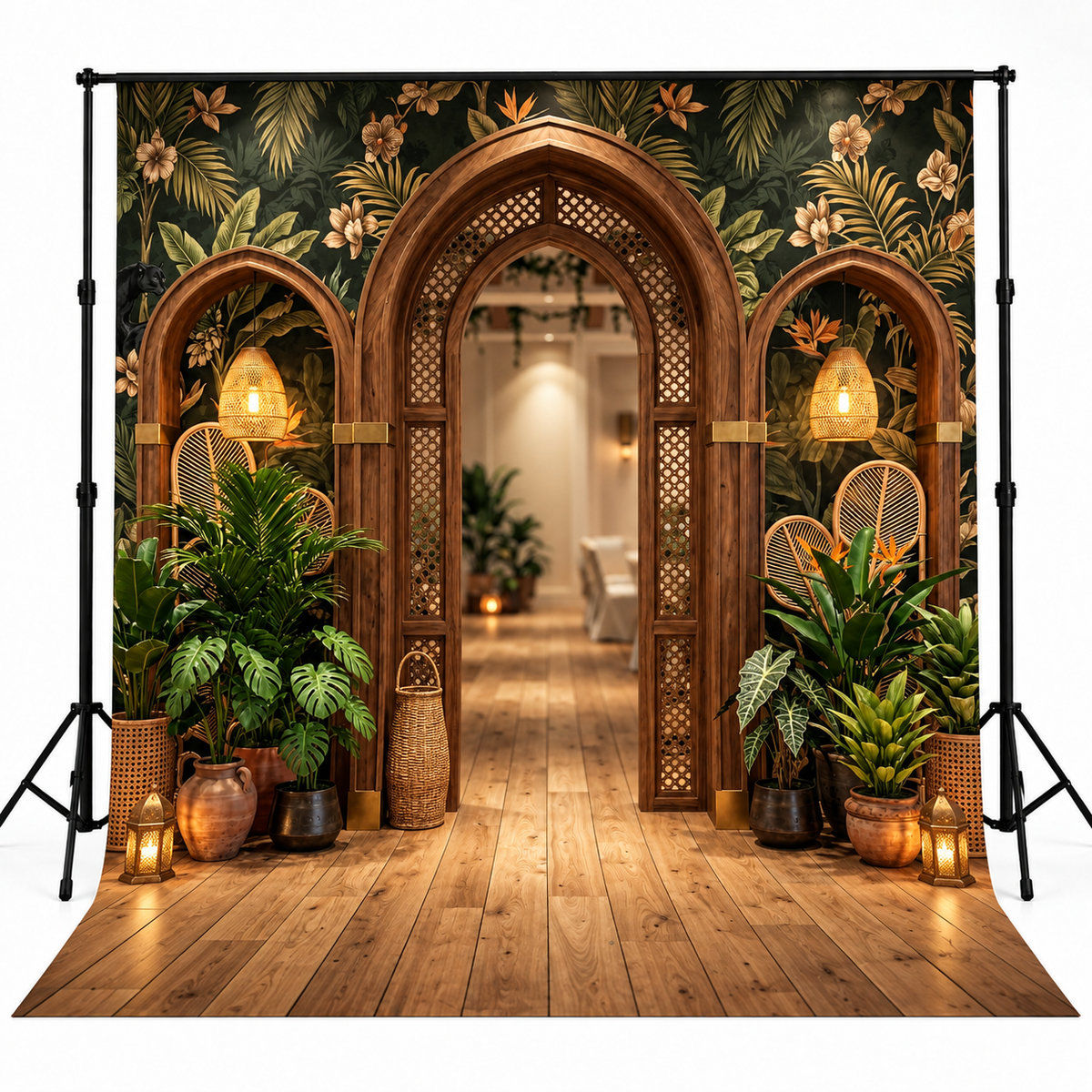 Luxury Tropical Wooden Arch & Botanical Photography Backdrop