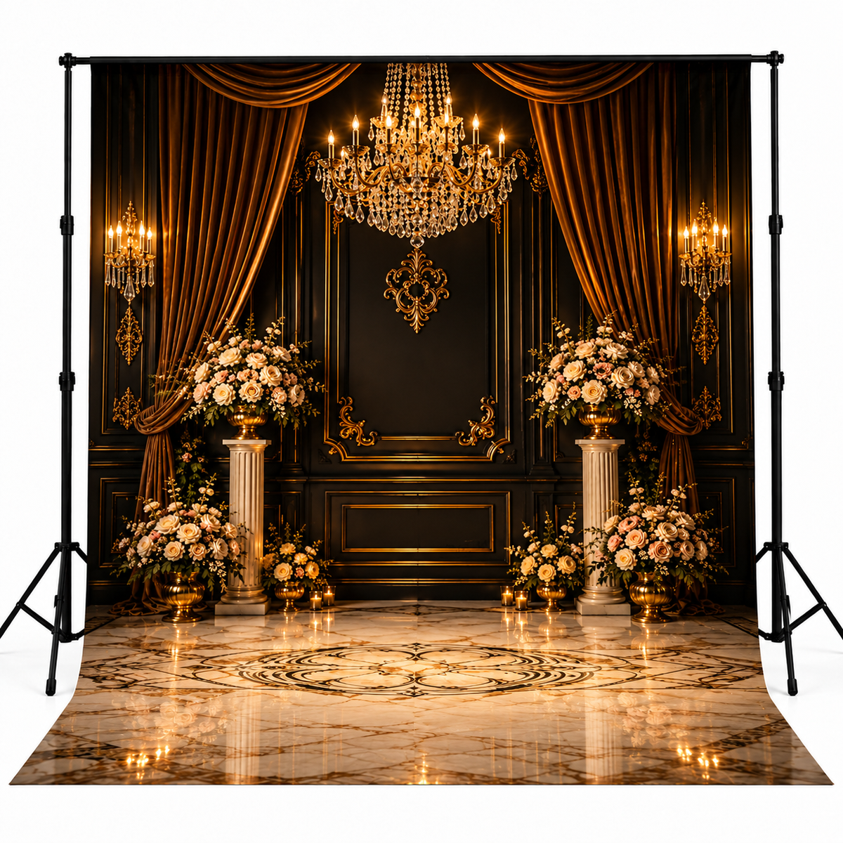Luxury Black & Gold Royal Chandelier Floral Photography Backdrop