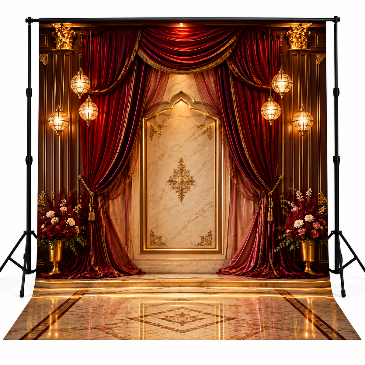 Luxury Royal Red Velvet Drapes & Marble Arch Photography Backdrop