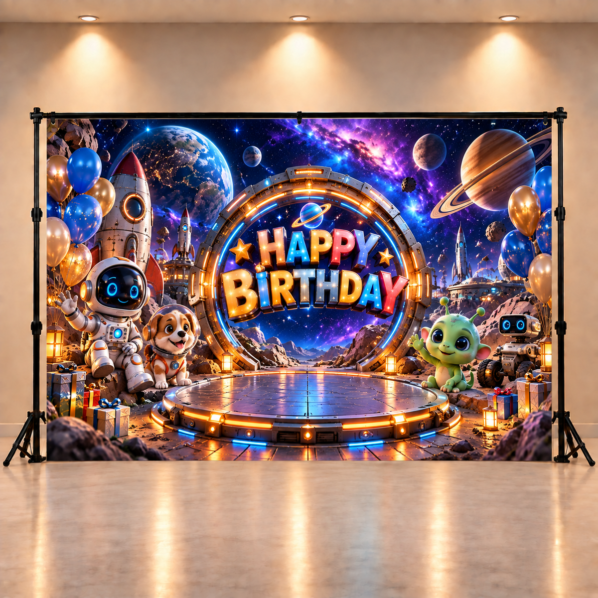 3D Galaxy Space Birthday Backdrop with Astronaut, Rocket & Planets