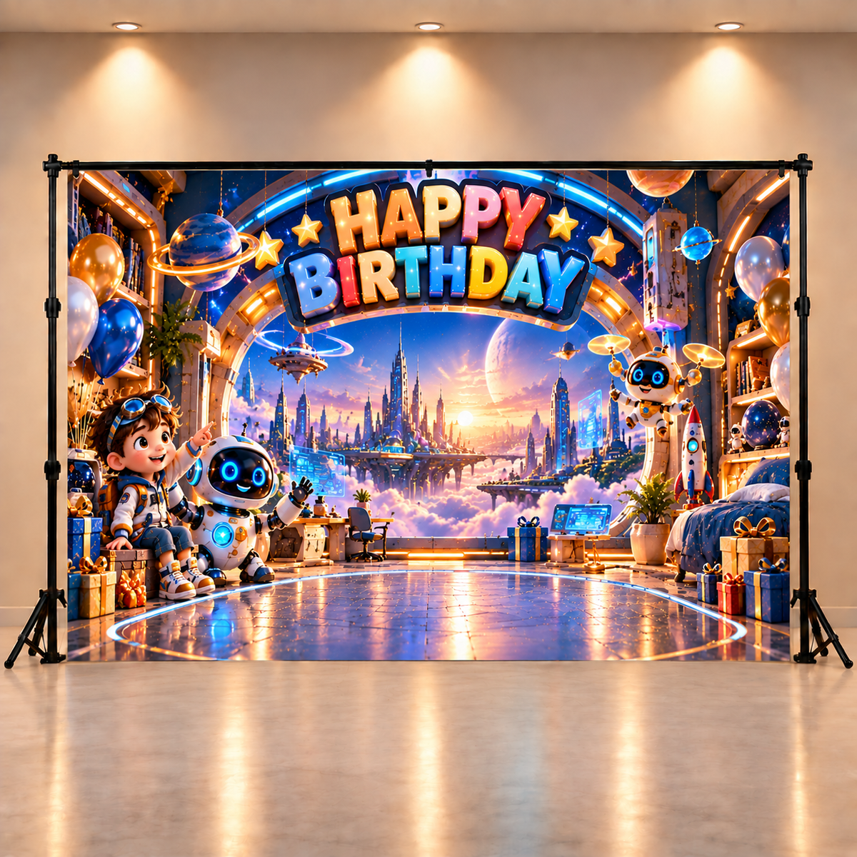 Space Robot Happy Birthday Backdrop