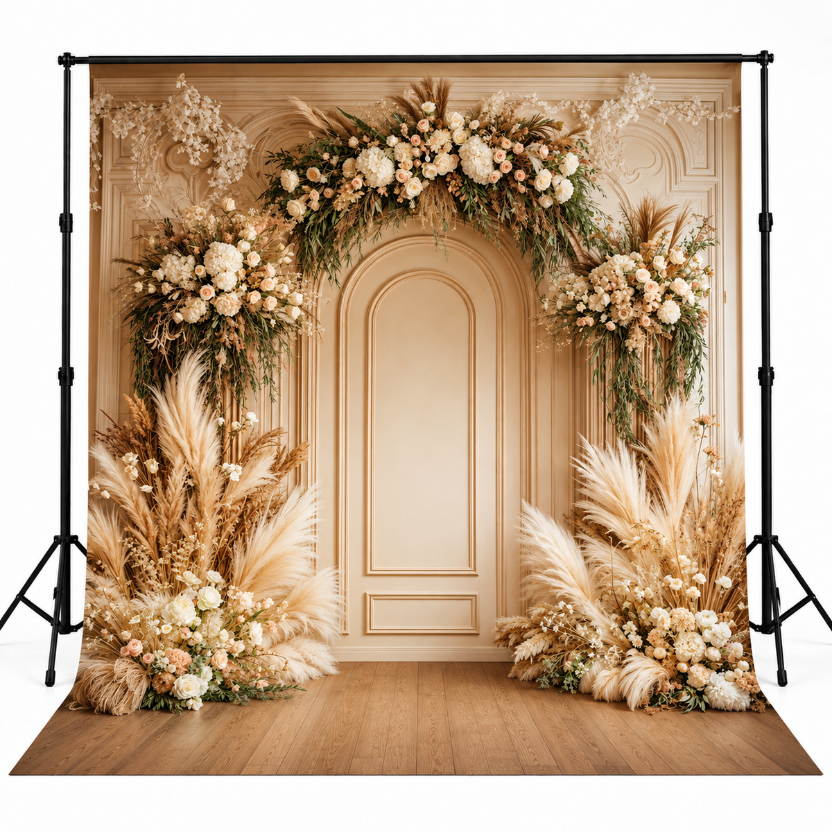 Elegant Ivory Floral Arch with Pampas Decor
