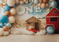 Farm Animals Cake Smash Backdrop with Barn & Balloons