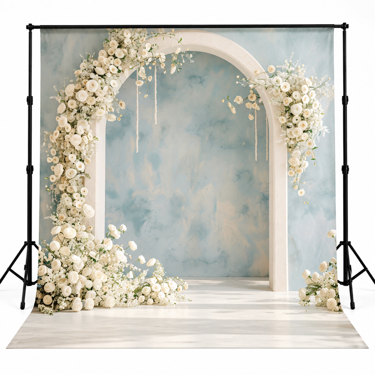 Elegant White Floral Arch with Pastel Blue Interior
