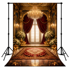 Luxury royal palace interior photography backdrop featuring crystal chandelier, red velvet curtains, golden architecture, floral arrangements, candlelight and vintage carpet for studio photography.