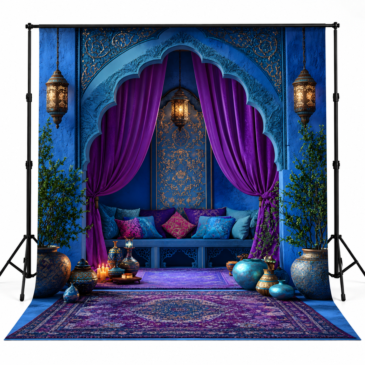 Royal Blue Moroccan Arch with Purple Drapes & Lanterns