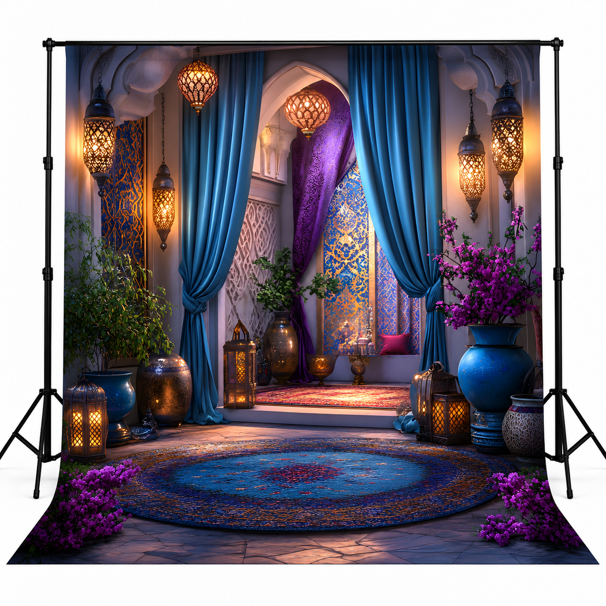 Luxury Arabian Blue Drapes & Golden Lantern Courtyard