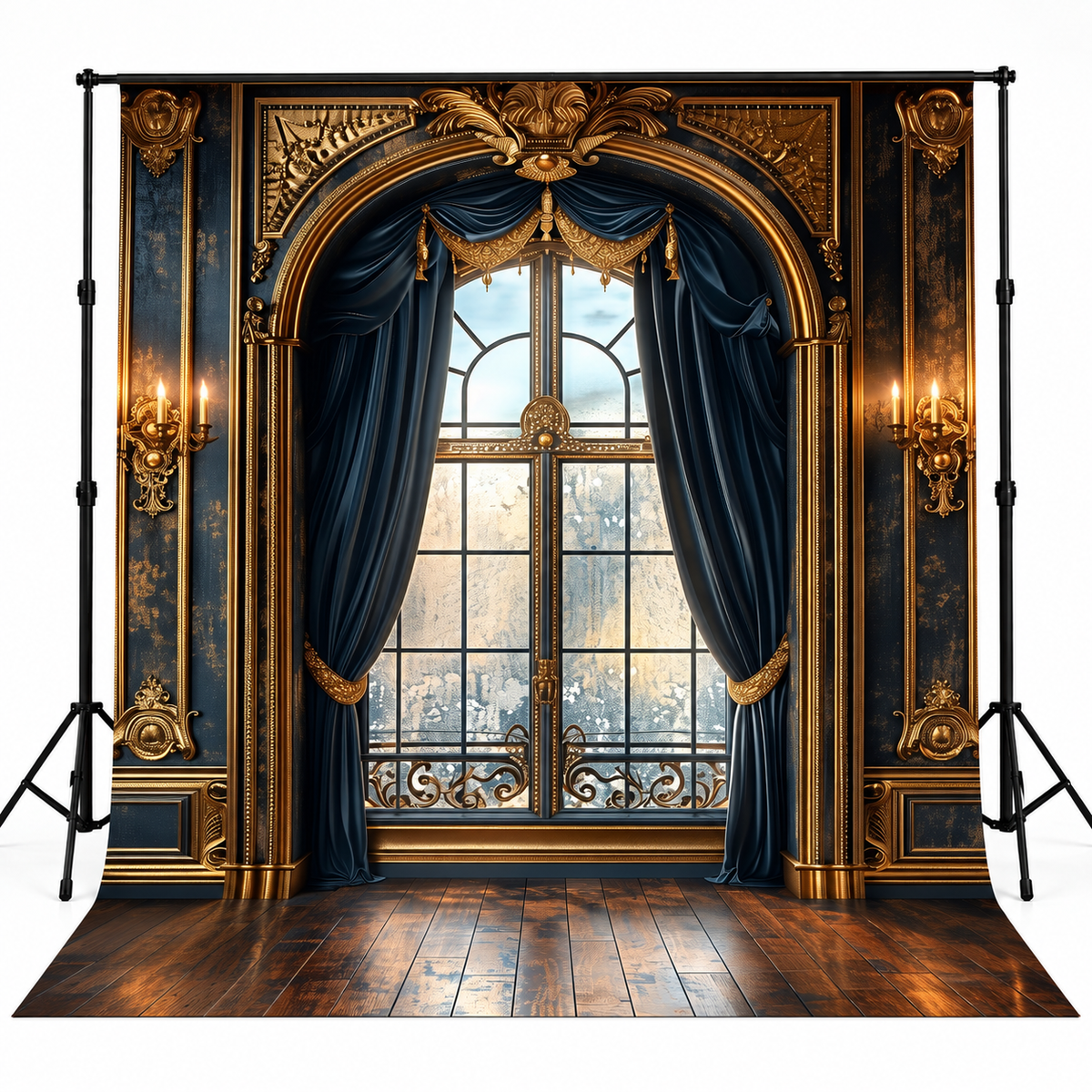Royal Midnight Blue & Gold Baroque Window Drapes