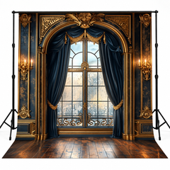Royal Midnight Blue & Gold Baroque Window Drapes