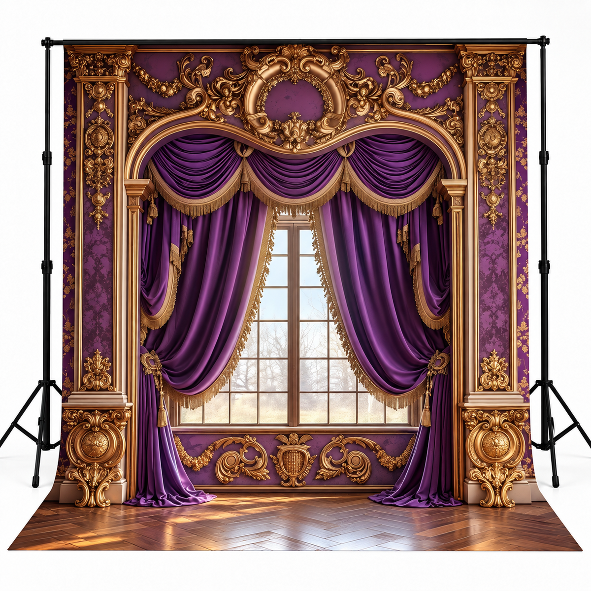 Royal Amethyst Purple & Gold Baroque Window Drapes