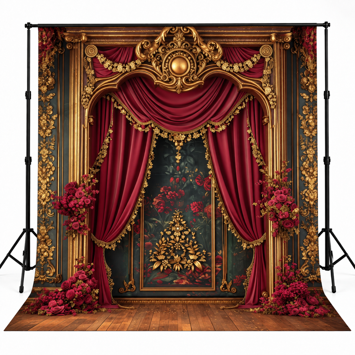Royal Burgundy Velvet Drapes & Gold Baroque Floral Backdrop