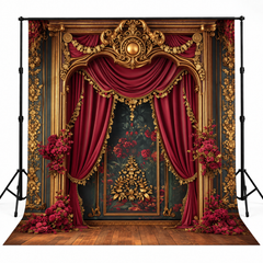Royal Burgundy Velvet Drapes & Gold Baroque Floral Backdrop
