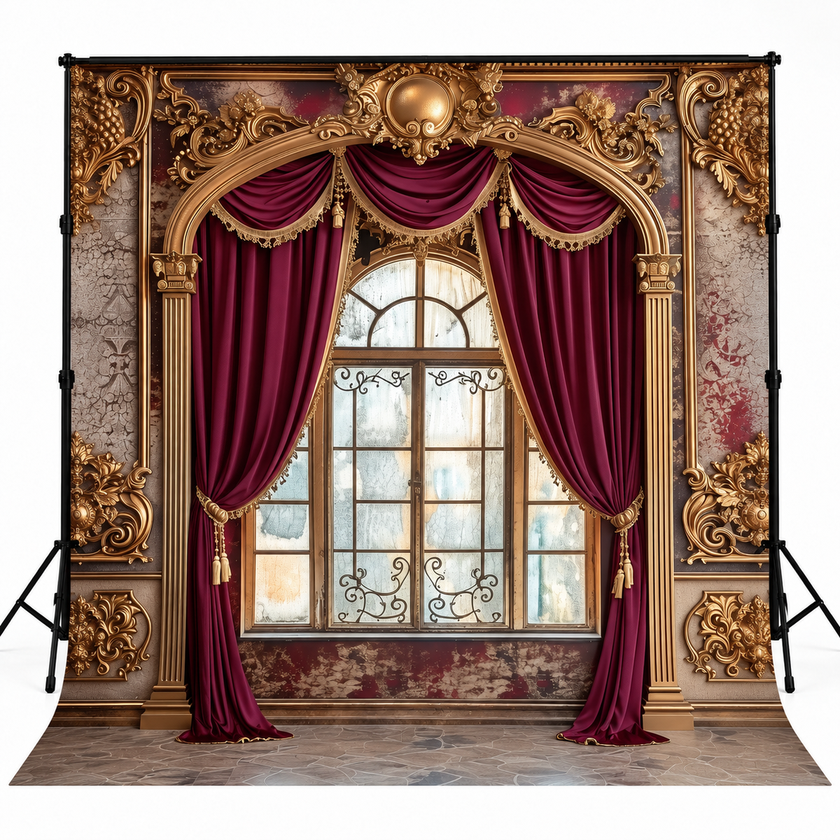 Royal Burgundy Velvet Window & Gold Baroque Palace Backdrop