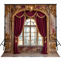 Royal Burgundy Velvet Window & Gold Baroque Palace Backdrop