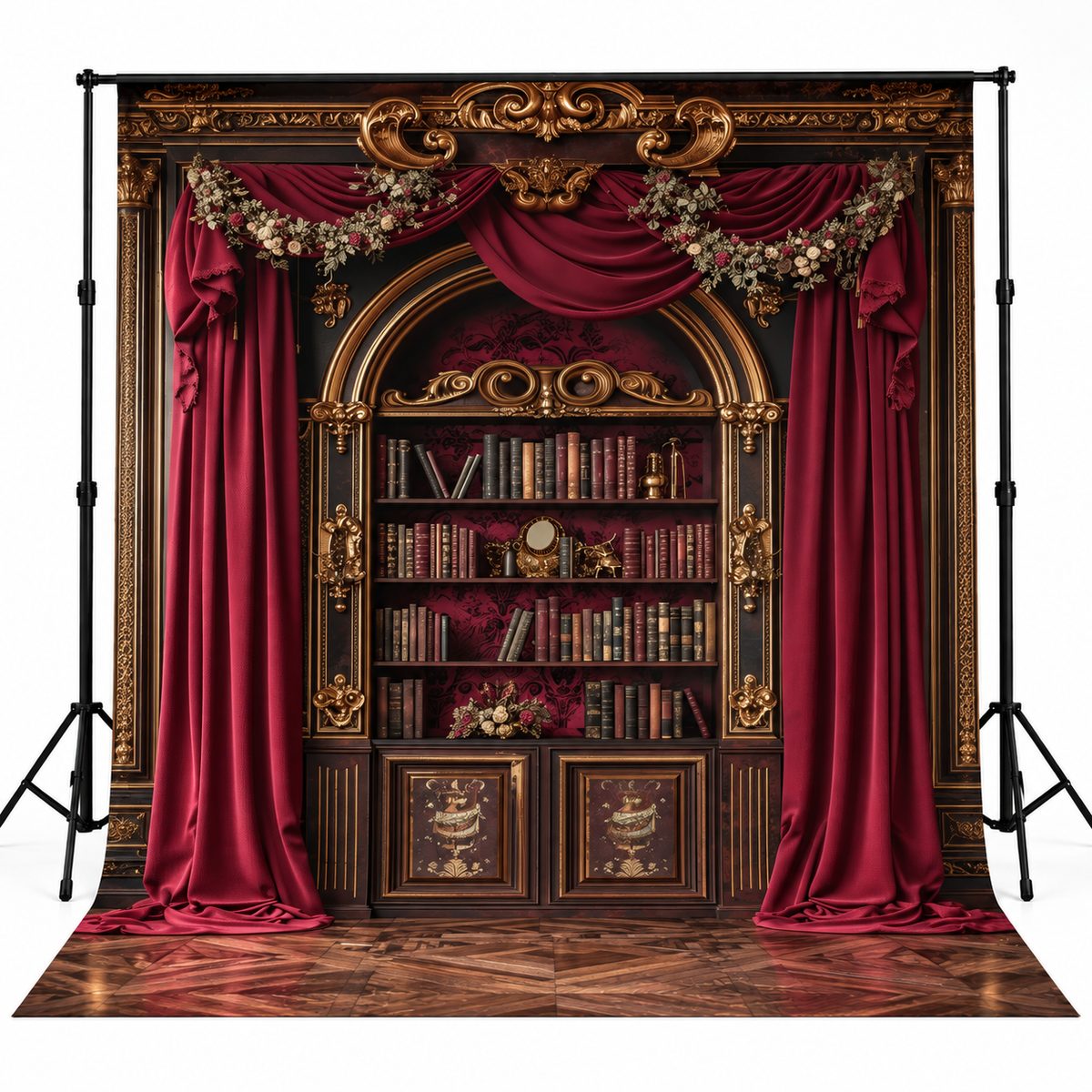 Royal Burgundy Drapes & Vintage Library Palace Backdrop