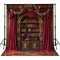 Royal Burgundy Drapes & Vintage Library Palace Backdrop