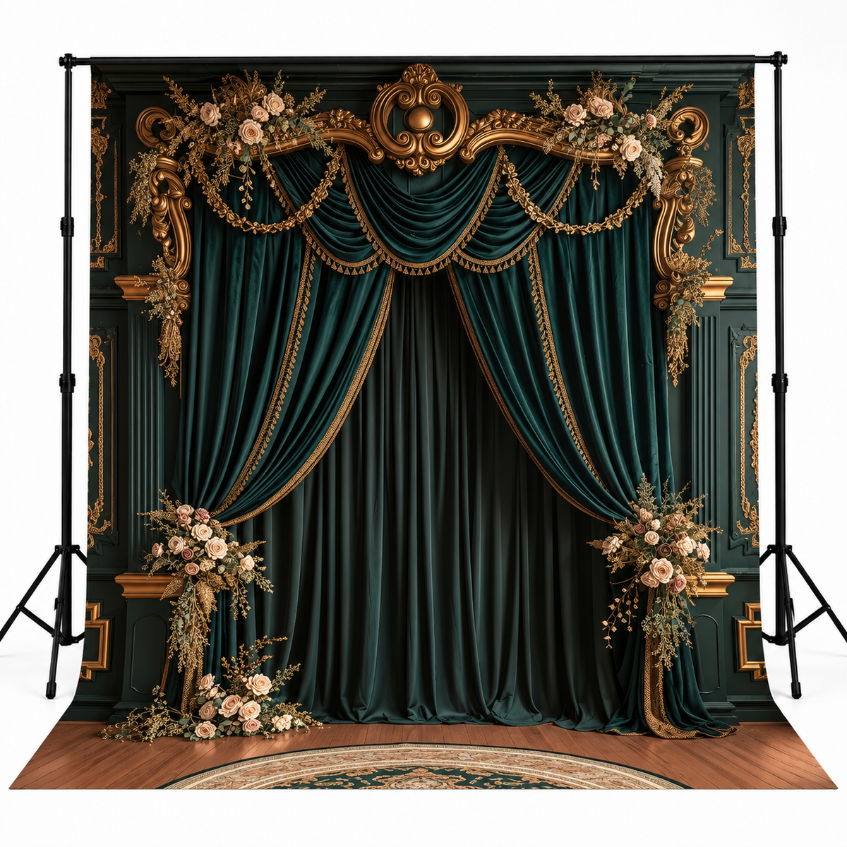 Royal Emerald Green Velvet Drapes & Gold Floral Palace Backdrop