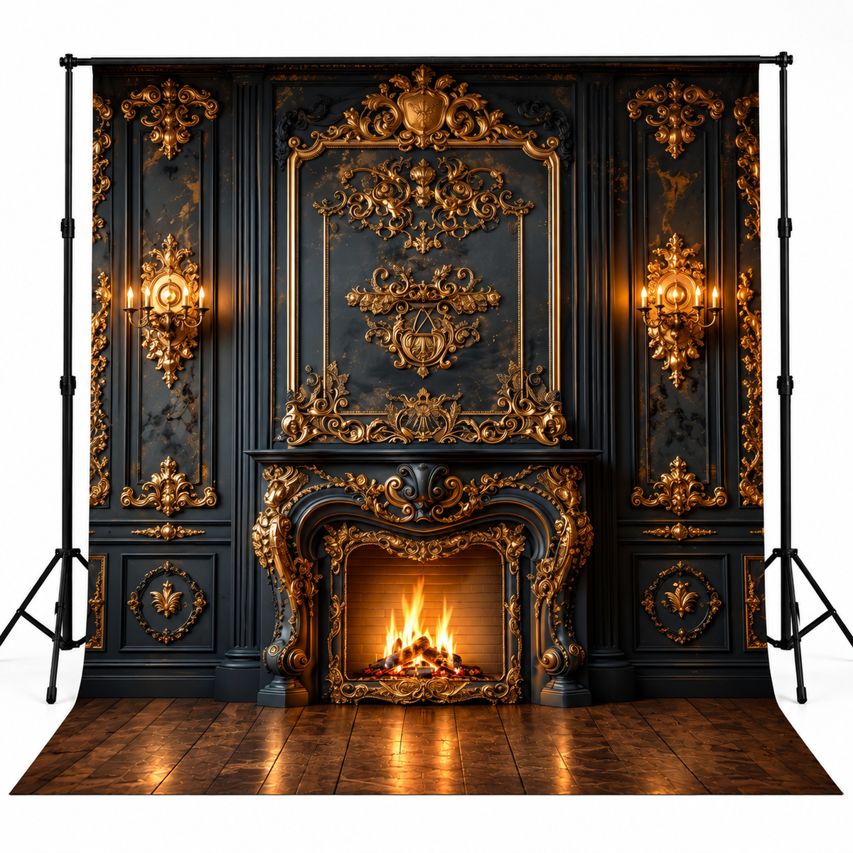 Luxury Black & Gold Baroque Fireplace Palace Backdrop