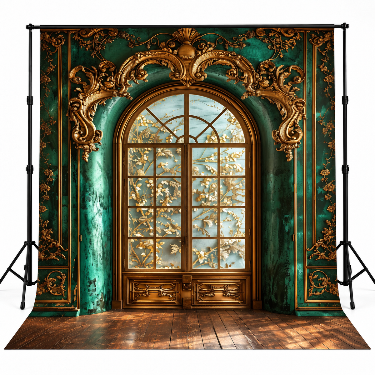 Royal Emerald Green & Gold Ornate Palace Window Backdrop