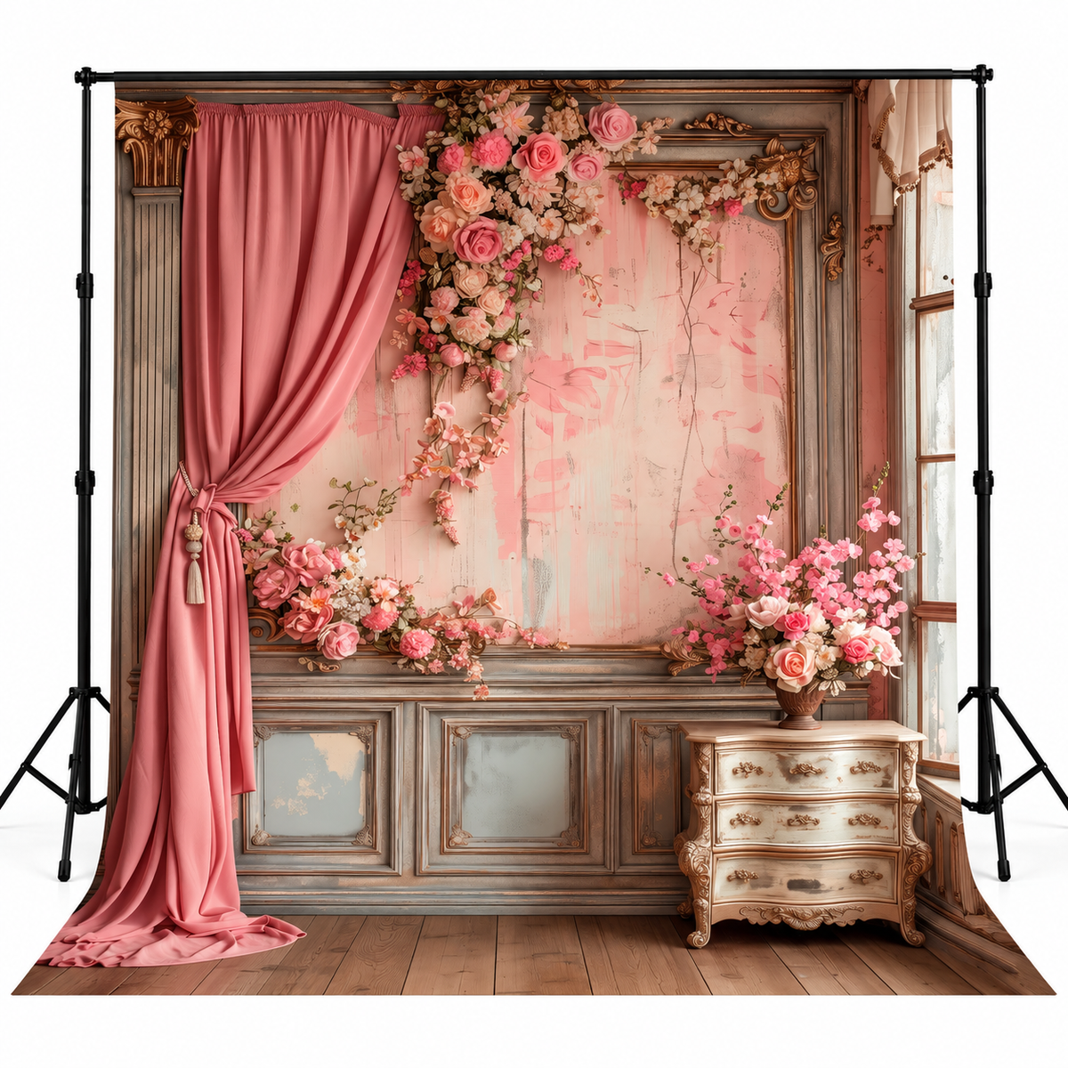 Blush Pink Floral Drapes & Vintage Luxury Interior Backdrop