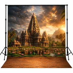 Divine Indian Temple Sunset & Lotus Garden Backdrop