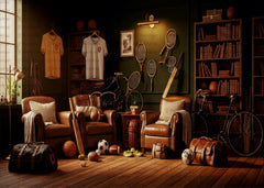 Vintage Sports Lounge Backdrop with Leather Chairs  & Retro Gear