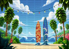 Tropical Cartoon Beach Backdrop with Surfboards, Palm Trees & Ocean Waves