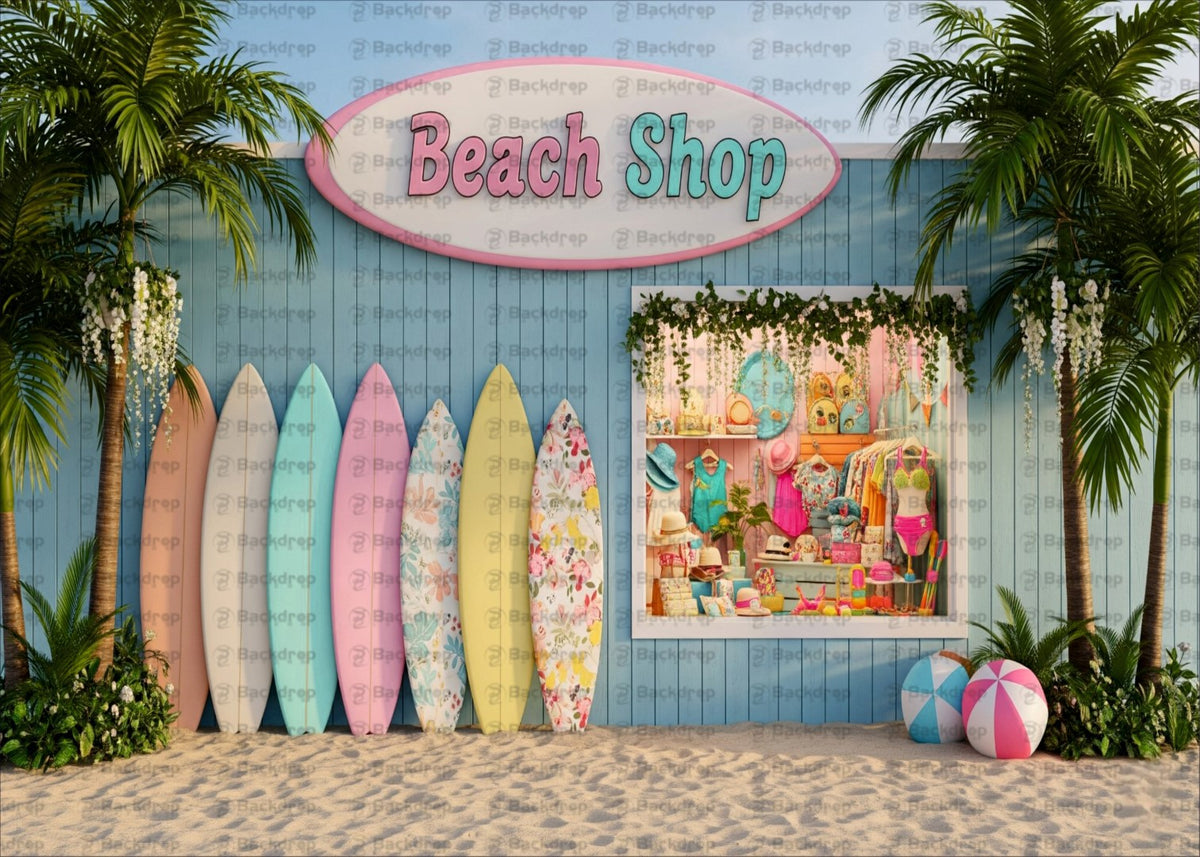 Tropical Beach Shop Backdrop with Surfboards and Palm Trees – Summer Party Photo Background