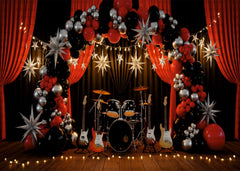 Rock Star Stage Backdrop with Guitars, Drums, and Balloon Arch – Music Party Photo Background
