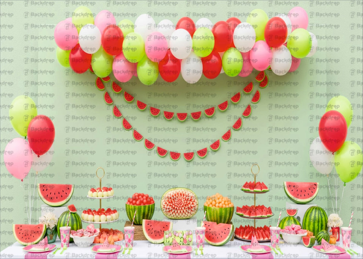Watermelon Themed Summer Party Backdrop with Balloons & Fruit Table – Vibrant Picnic Photo Background
