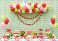 Watermelon Themed Summer Party Backdrop with Balloons & Fruit Table – Vibrant Picnic Photo Background