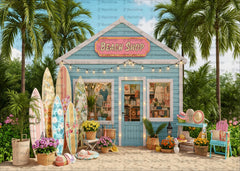 Tropical Beach Shop Backdrop with Surfboards and Palm Trees