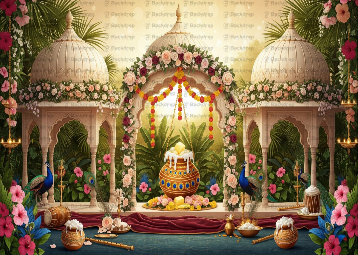 Festive Janmashtami Krishna Theme Backdrop