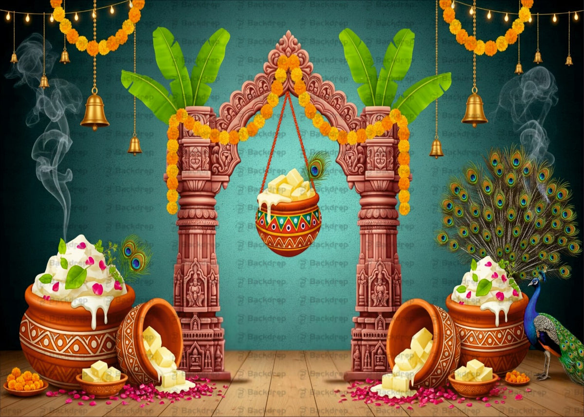 Traditional Janmashtami Backdrop with Matki Dahi Handi, Peacock & Temple Decor