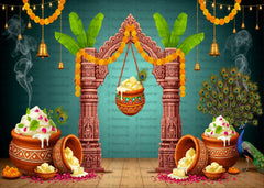 Traditional Janmashtami Backdrop with Matki Dahi Handi, Peacock & Temple Decor