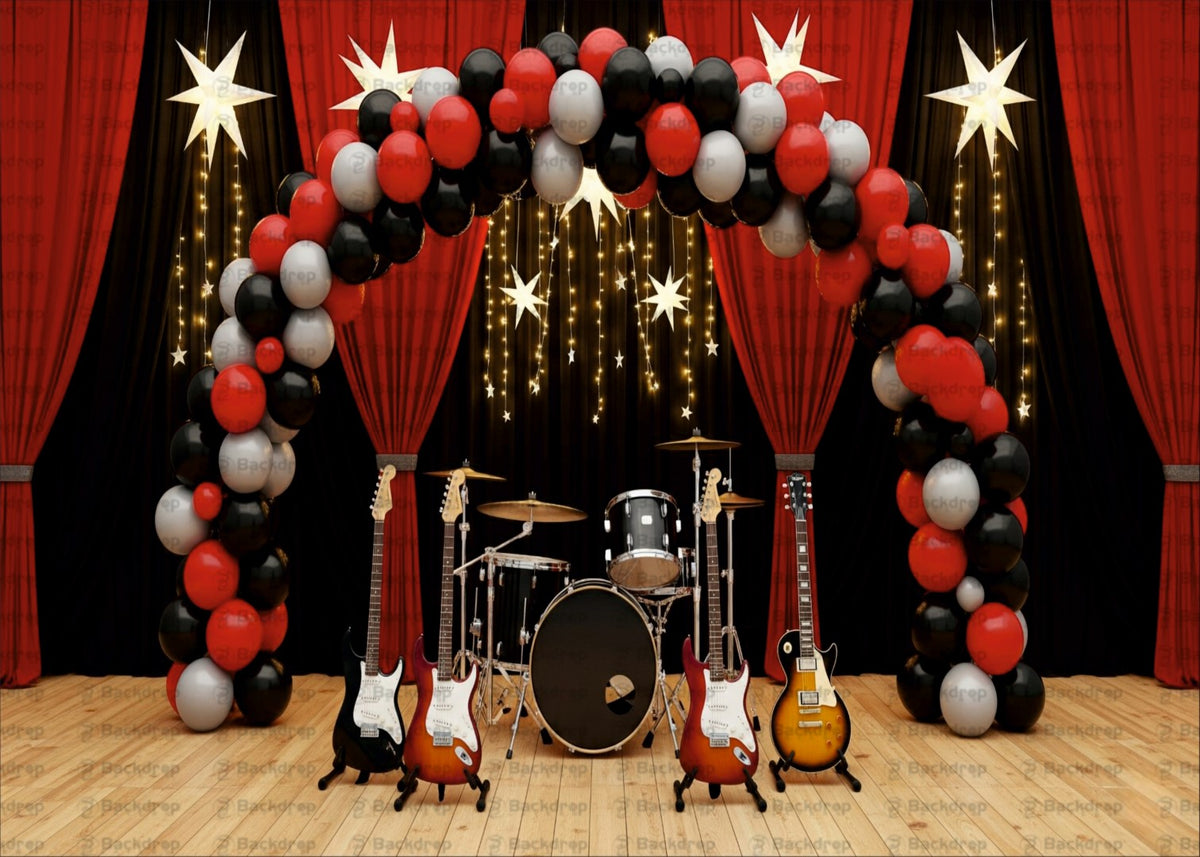 Music Theme Birthday Party Backdrop - Rock and Roll Stage with Guitars & Drums