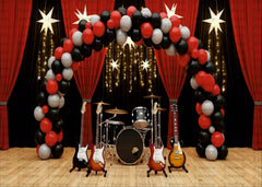 Music Theme Birthday Party Backdrop - Rock and Roll Stage with Guitars & Drums