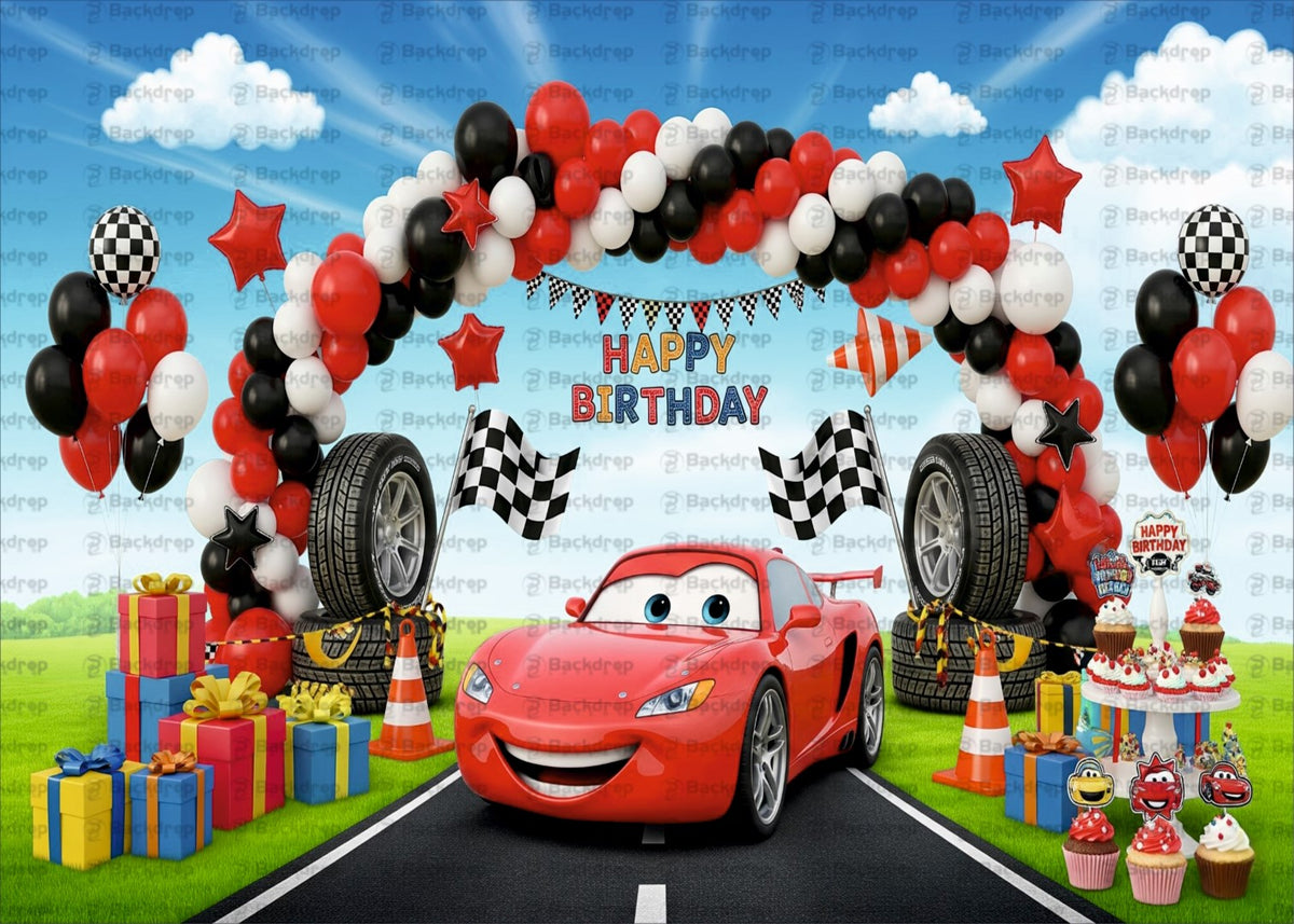 Cars Theme Birthday Backdrop with Balloons and Racing Decor for Boys Party