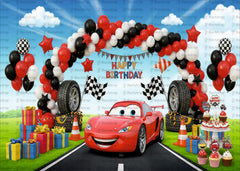 Cars Theme Birthday Backdrop with Balloons and Racing Decor for Boys Party