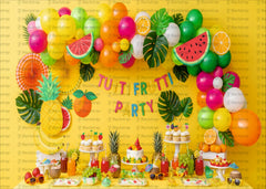 Tutti Frutti Theme Birthday Backdrop with Colorful Balloons and Fruit Decor