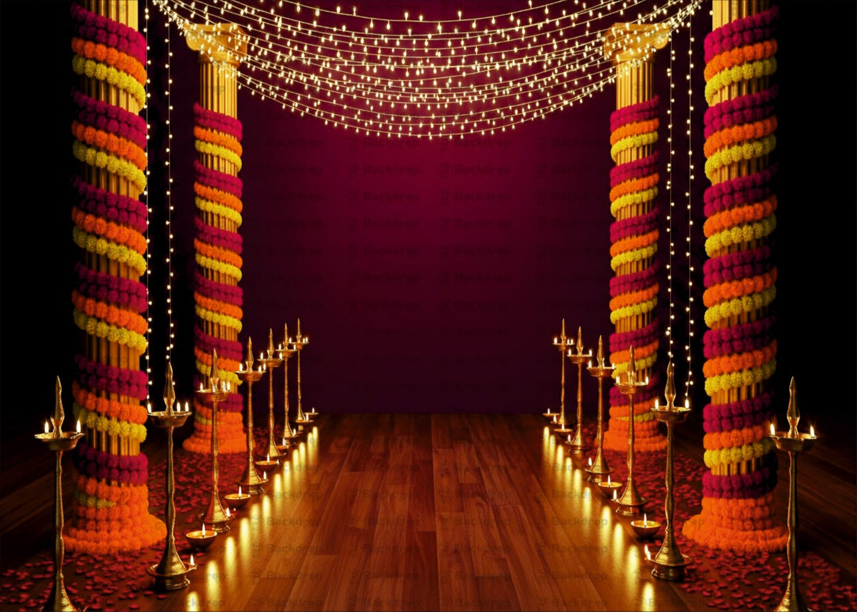 Traditional Indian Wedding Backdrop with Marigold Garlands and Diya Lighting Decor