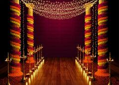 Traditional Indian Wedding Backdrop with Marigold Garlands and Diya Lighting Decor