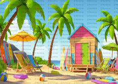 Tropical Beach Hut Backdrop with Palm Trees and Surfboards for Summer Party Decor