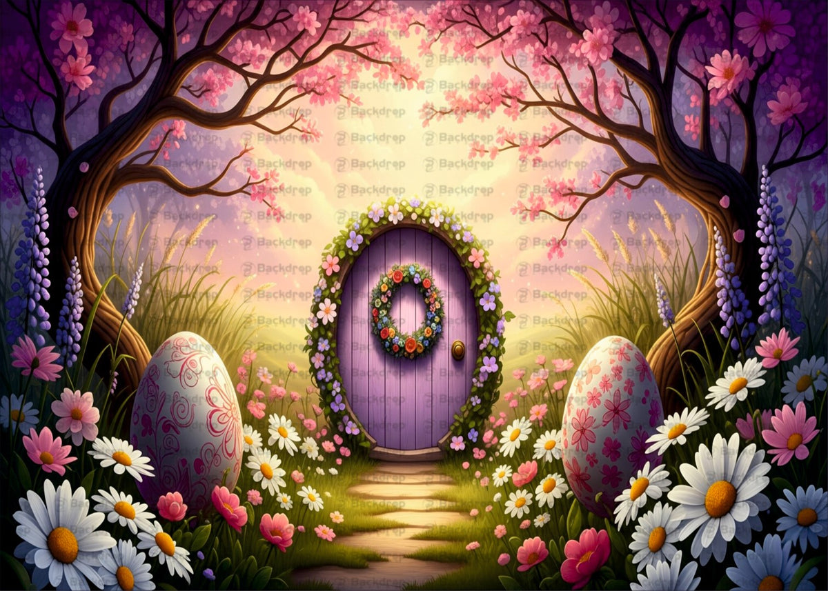 Whimsical Easter Garden Backdrop with Floral Door