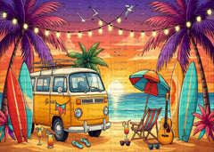 Retro Beach Van Backdrop with Sunset, Surfboards, and Palm Trees for Summer