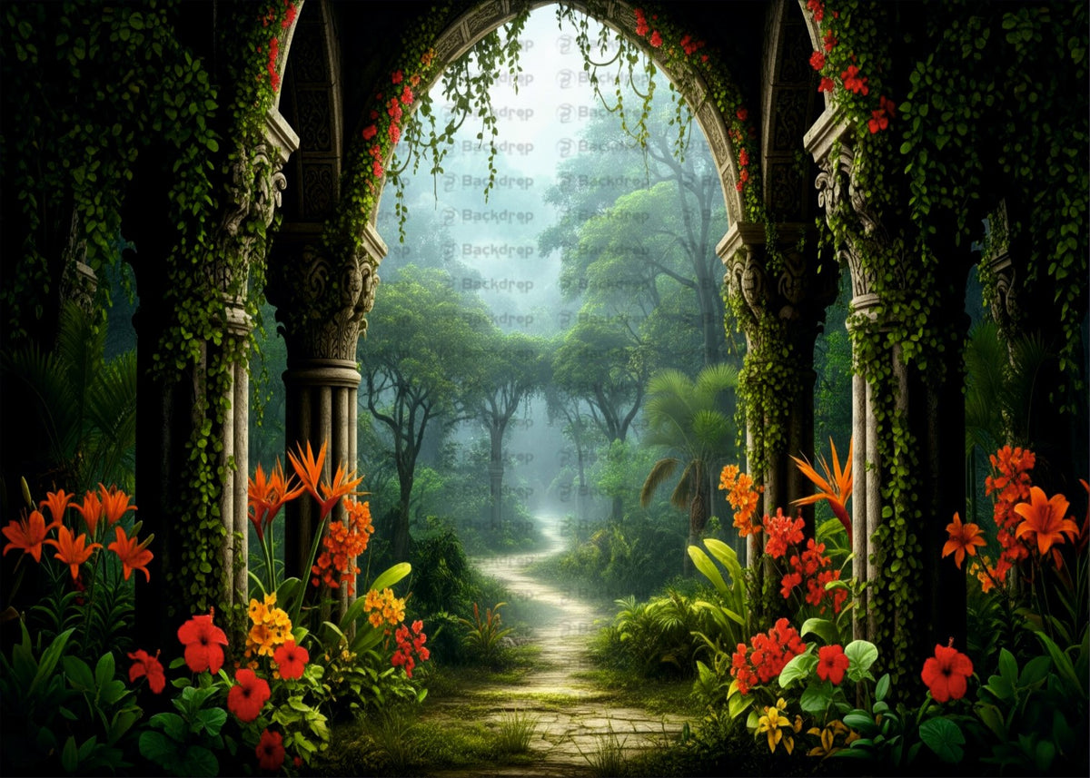 Enchanted Garden Pathway Backdrop with Floral Arch and Jungle View
