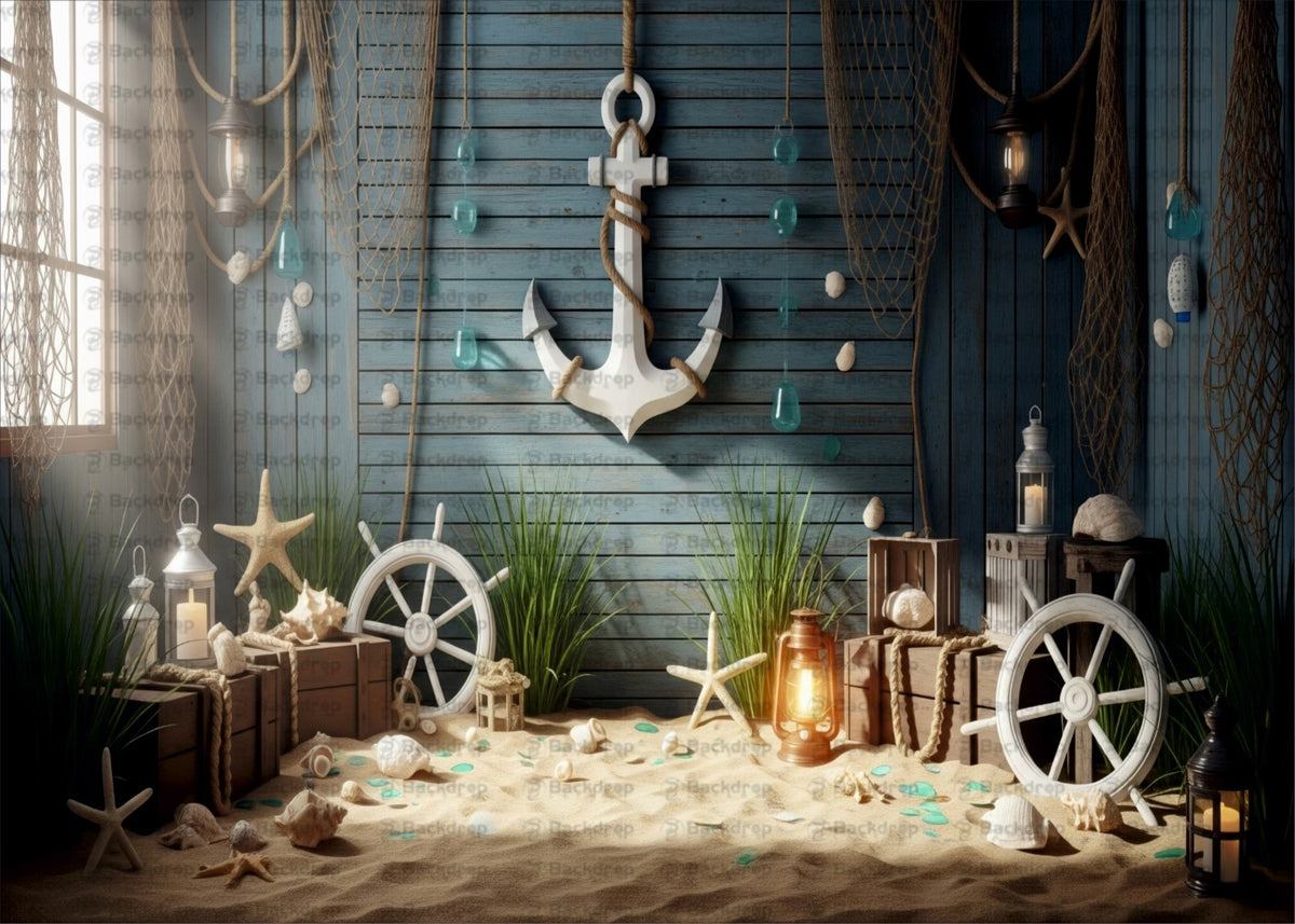 Nautical Beach Theme Backdrop with Anchor, Starfish & Lantern Decor