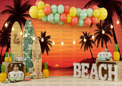 Tropical Beach Sunset Backdrop with Surfboards, Palm Trees & Pineapple Decor